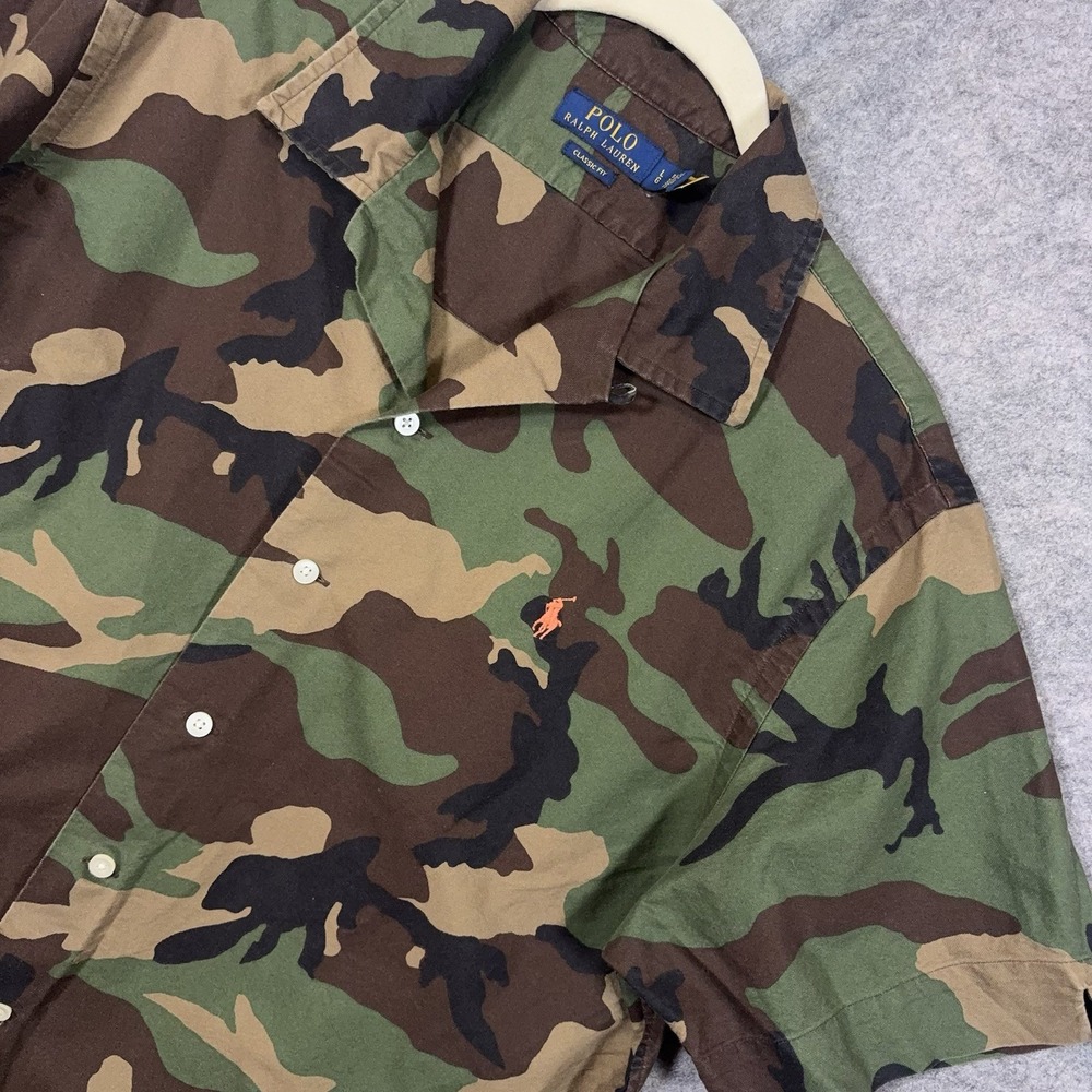 Polo Ralph Lauren Camo Camp Shirt Mens Sz L Green Brown Pony Logo